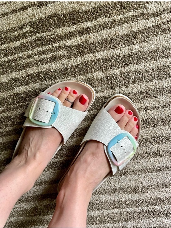 Birkenstock Shoes - Birkenstock White Slide Sandals with Pastel Ombre Buckles